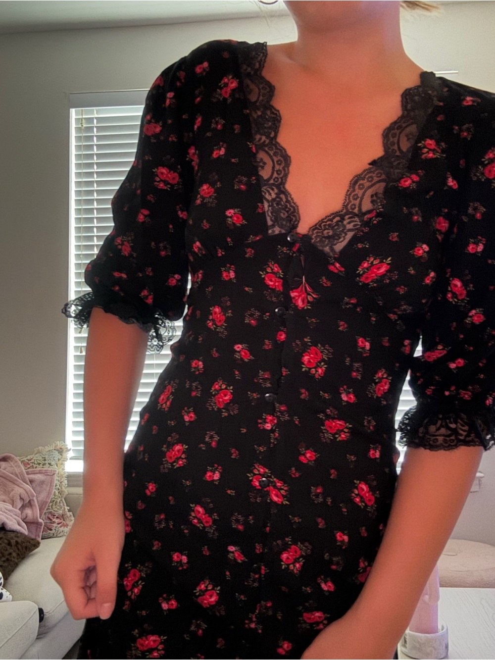 Miss Selfridge Lace Trim Button-Through Floral Midi / Maxi Dress